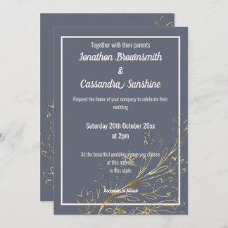 ネイビエレガントー金ゴールド赤面結婚リーフ 招待状