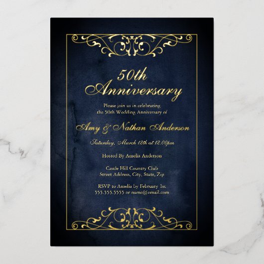ネイビエレガントー金ゴールド50周年結婚 箔招待状 (正面)