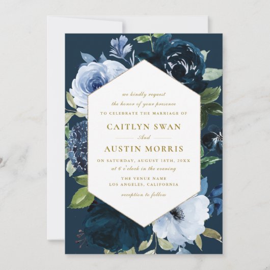ネイビエレガントー青い結婚花 招待状 (正面)