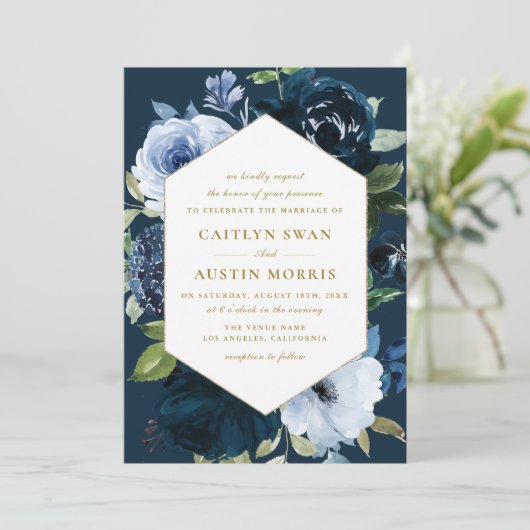 ネイビエレガントー青い結婚花 招待状 (スタンド正面)