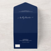 ネイビエレガントー青のスクリプモダントの写真結婚4 オールインワン招待状 (外側)