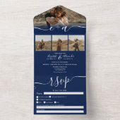 ネイビエレガントー青のスクリプモダントの写真結婚4 オールインワン招待状 (内側)