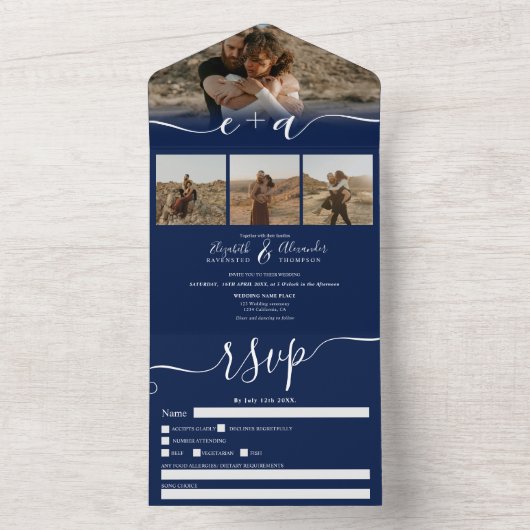 ネイビエレガントー青のスクリプモダントの写真結婚4 オールインワン招待状 (内側)