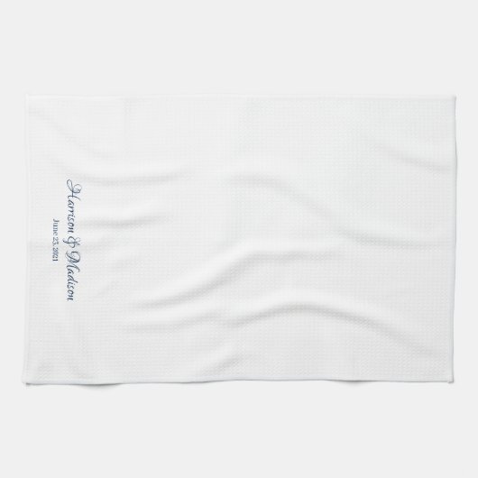 ネイビエレガントー青カスタム白スクリプト名の日付 キッチンタオル (横)