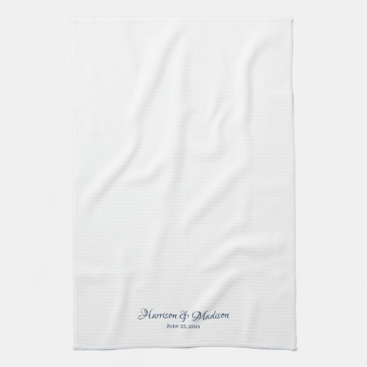 ネイビエレガントー青カスタム白スクリプト名の日付 キッチンタオル (縦)