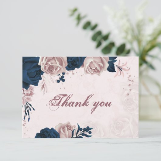 ネイビエレガントー&ほこりっぽいバラ植物花感謝してい品 サンキューカード (スタンド正面)