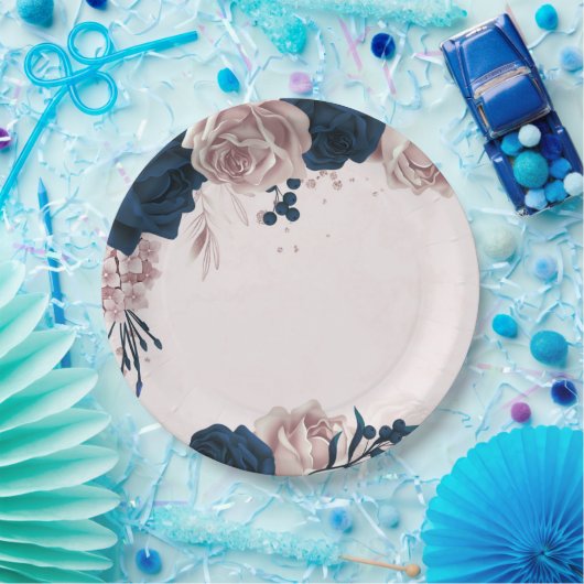 ネイビエレガントー&ほこりっぽいバラ植物花 ペーパープレート (パーティー)