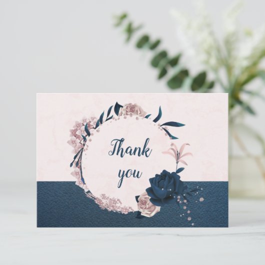 ネイビエレガントー&ほこりっぽいバラ花ボタニカルリース サンキューカード (スタンド正面)