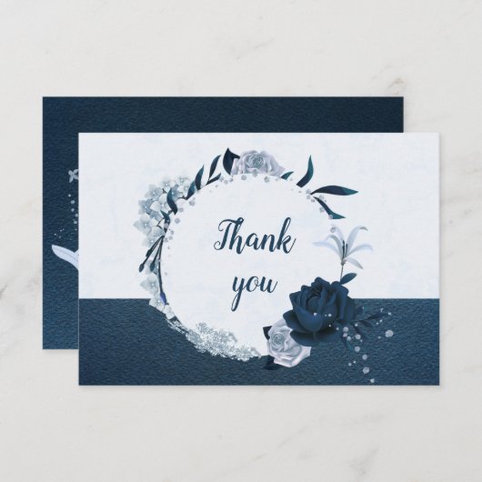 ネイビエレガントー&ほこりっぽい青い花の植物性リース サンキューカード (正面/裏面)