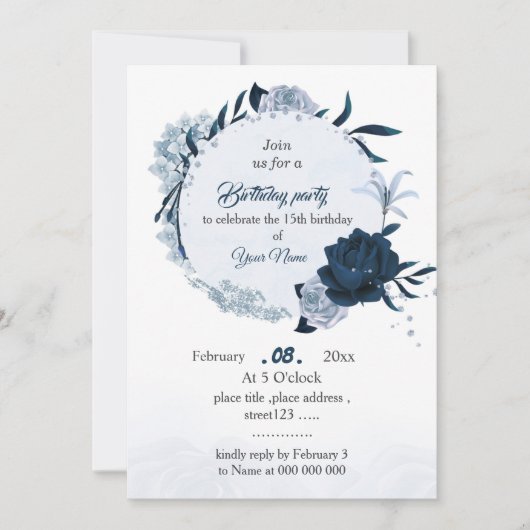 ネイビエレガントー&ほこりっぽい青い花の誕生日パーティー 招待状 (正面)