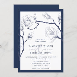 ネイビエレガントー・アンド・ホワイト・フローラ結婚ズ 招待状