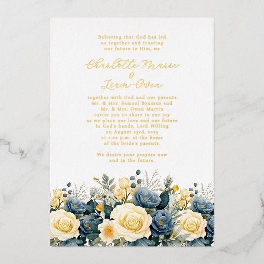 ネイビエレガントー&イエローフローラ結婚ズ金ゴールド 箔招待状 (正面)