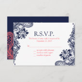 ネイビエレガントー&コーラルレース結婚の応答カード 出欠カード (正面/裏面)