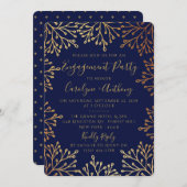 ネイビエレガントー&ゴールドフォイルフローラ婚約パーティ 招待状 (正面/裏面)