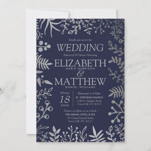 ネイビエレガントー&シルバーフローラのリハ結婚ーサル 招待状 (正面)