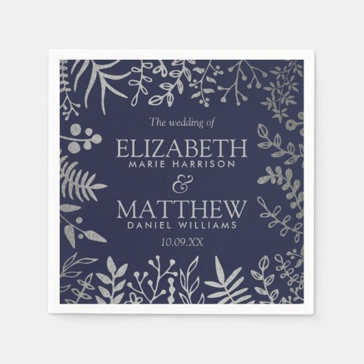 ネイビエレガントー&シルバーフローラズ結婚コレクション スタンダードカクテルナプキン (正面)