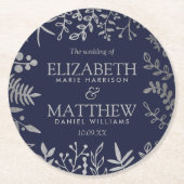 ネイビエレガントー&シルバーフローラズ結婚コレクション ラウンドペーパーコースター (正面)