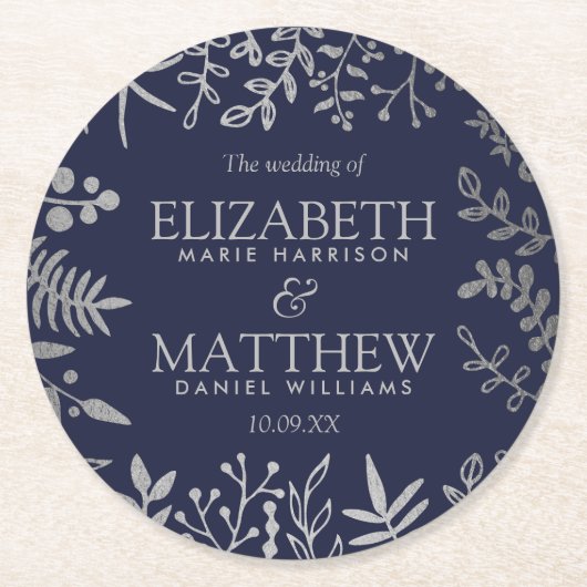 ネイビエレガントー&シルバーフローラズ結婚コレクション ラウンドペーパーコースター (正面)