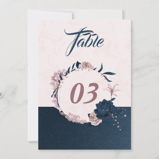 ネイビエレガントー&ダスティバラフローラテーブル番号 招待状 (正面)