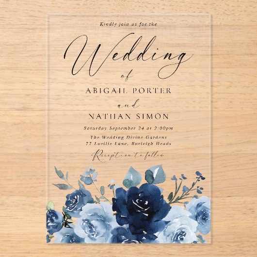 ネイビエレガントー&ダスティブルーウォーター結婚カラー アクリル招待状 (正面)