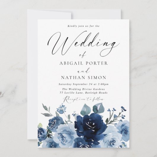 ネイビエレガントー&ダスティブルーウォーター結婚カラー 招待状 (正面)