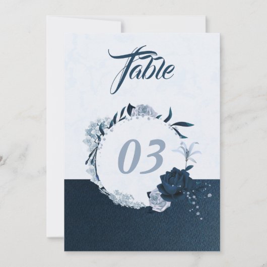 ネイビエレガントー&ダスティブルーフローラテーブル番号 招待状 (正面)