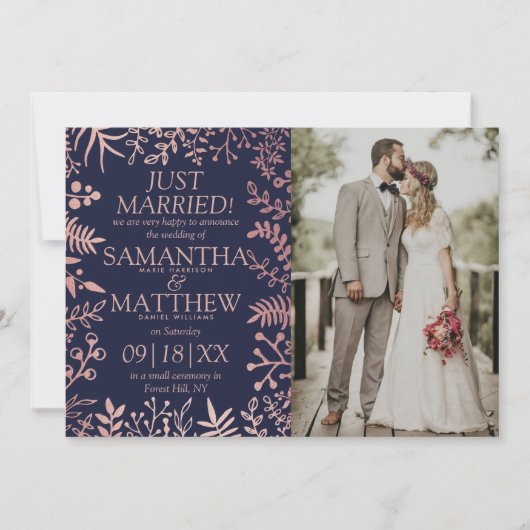 ネイビエレガントー&バラ金ゴールド結婚フローラの写真 案内状 (正面)