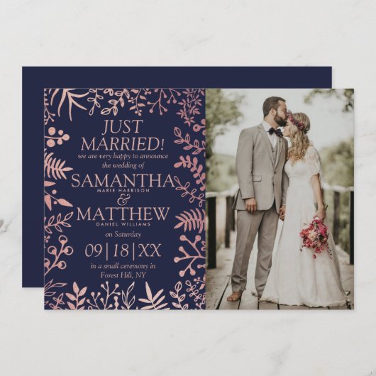 ネイビエレガントー&バラ金ゴールド結婚フローラの写真 案内状 (正面/裏面)