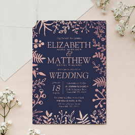 ネイビエレガントー&バラ金ゴールド結婚フローラコレクション 招待状