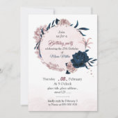 ネイビエレガントー・ピンクの花の誕生日 招待状 (正面)