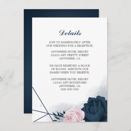 ネイビエレガントー&ピンクの花詳細 エンクロージャーカード (正面/裏面)