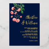 ネイビエレガントー&ピンクローズパーソナライズされたズ 箔招待状 (正面)