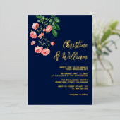 ネイビエレガントー&ピンクローズパーソナライズされたズ 箔招待状 (立ち正面)