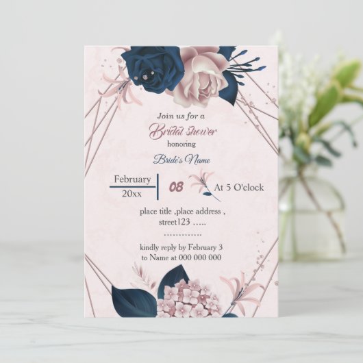 ネイビエレガントー&ピンク花幾何学的ブライダルシャワー 招待状 (スタンド正面)