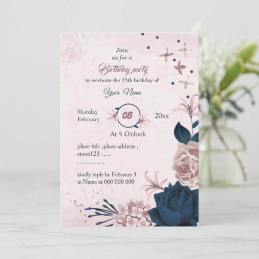 ネイビエレガントー&ピンク花生誕生会 招待状 (スタンド正面)