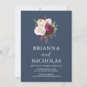 ネイビエレガントー・ブルゴーニュのフローラが一つの結婚内に 招待状 (正面)