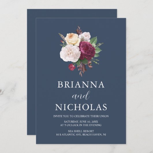 ネイビエレガントー・ブルゴーニュのフローラが一つの結婚内に 招待状 (正面/裏面)