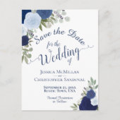 ネイビエレガントー&ブルーバラ結婚式の日付を保存 案内ポストカード (正面)