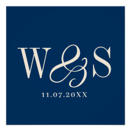 ネイビエレガントー・ブルー・カップル・イニシャル結婚ズ ポスター