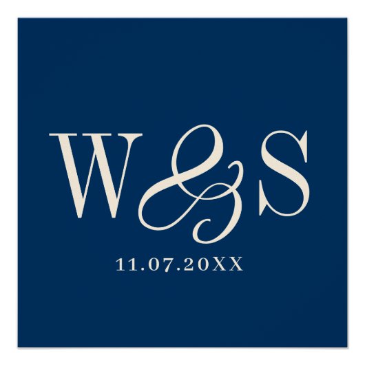 ネイビエレガントー・ブルー・カップル・イニシャル結婚ズ ポスター (正面)