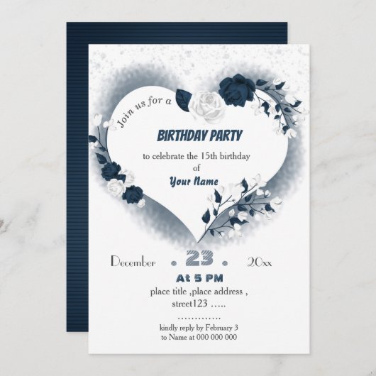 ネイビエレガントー&ホワイトフローラハート誕生日 招待状 (正面/裏面)