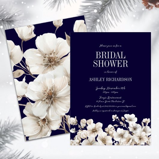 ネイビエレガントー・ホワイトフローラブライダルシャワー 招待状