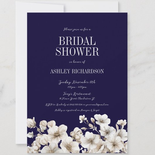 ネイビエレガントー・ホワイトフローラブライダルシャワー 招待状