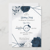 ネイビエレガントー&ホワイト花誕生日お知らせ 招待状 (正面)