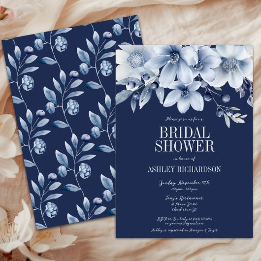ネイビエレガントー&ライトブルーフローラブライダルシャワー 招待状