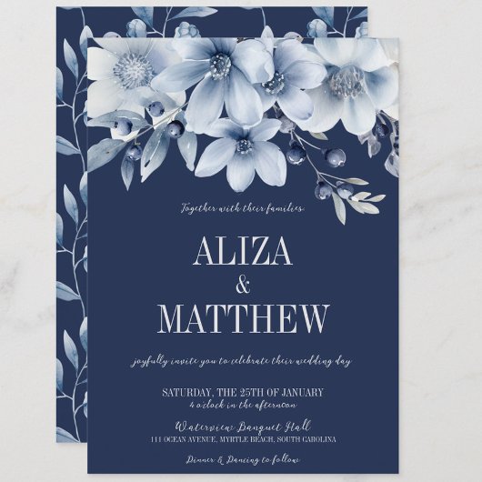 ネイビエレガントー&ライトブルーフローラ結婚ズ 招待状