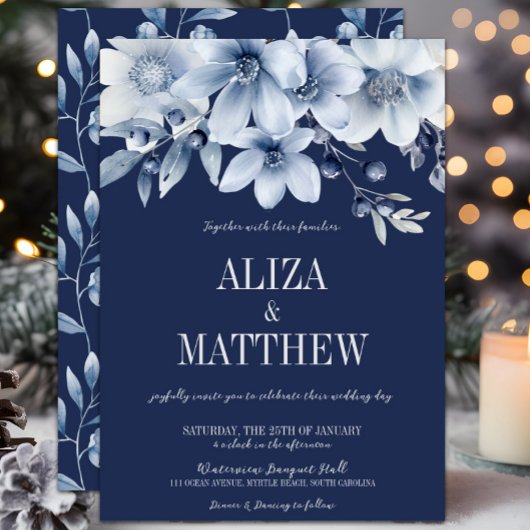 ネイビエレガントー&ライトブルーフローラ結婚ズ 招待状