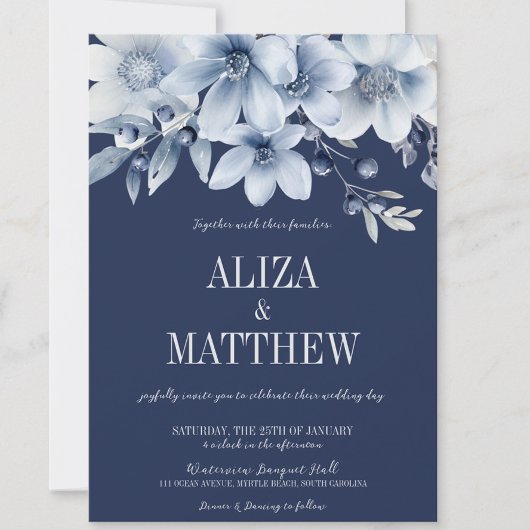 ネイビエレガントー&ライトブルーフローラ結婚ズ 招待状