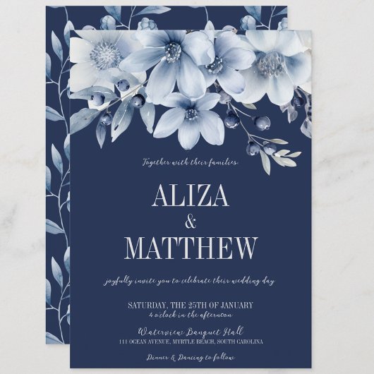 ネイビエレガントー&ライトブルーフローラ結婚ズ 招待状