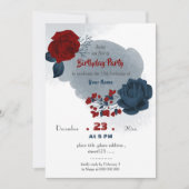 ネイビエレガントー&レッドフローラ植物誕生日 招待状 (正面)